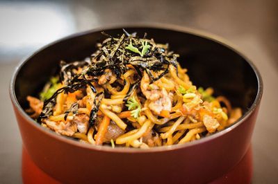 Close-up of noodles served in bowl on table