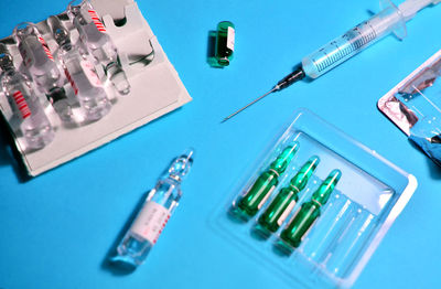 High angle view of bottles on table