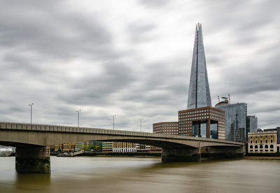 Bridge over river with buildings in background