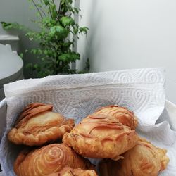 High angle view of breakfast on table