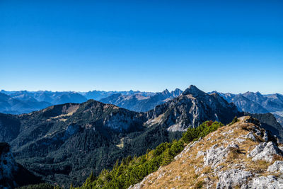 Scenic view of mountains against clear blue sky