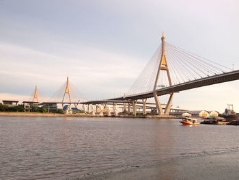 View of suspension bridge over river