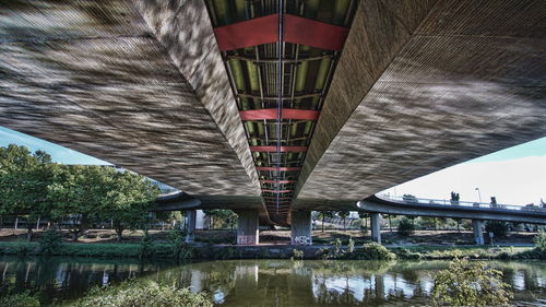 Low angle view of bridge over river in city