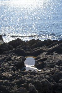 Rock formation on beach against sky