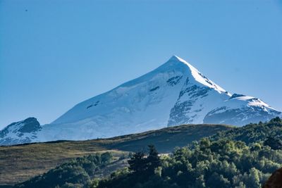 Scenic view of snowcapped mountains against clear blue sky