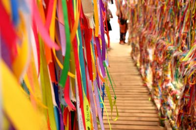 Close-up of colorful hanging for sale