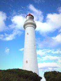 Low angle view of lighthouse by building against sky