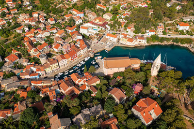 High angle view of townscape and trees in town