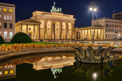The famous brandenburg gate in berlin at night, reflected in a fountain