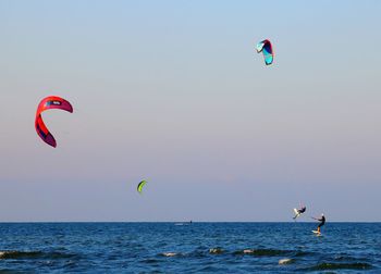 People paragliding in sea against sky