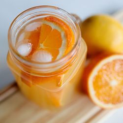 High angle view of drink in jar on table
