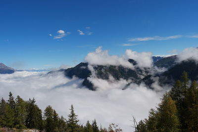 Scenic view of mountains against blue sky