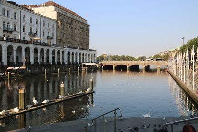 Bridge over river with buildings in background