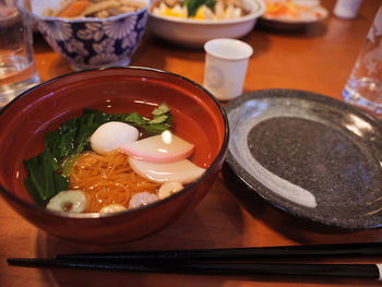 High angle view of food in plate on table