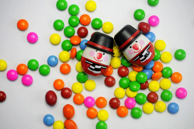 High angle view of multi colored balls on table