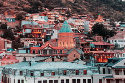 High angle view of buildings in city