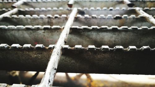 Close-up of rusty metal fence during winter