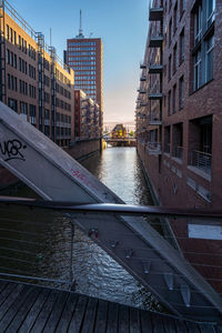 Bridge over river against buildings in city