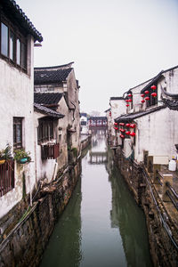 Canal amidst buildings against clear sky