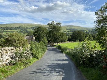 A country lane, with  stone walls, fields, farmhouses, trees and hills near, aysgarth, leyburn, uk