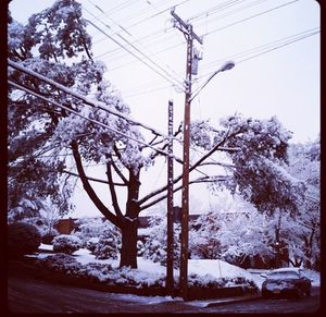 Overhead cable car on snow covered landscape