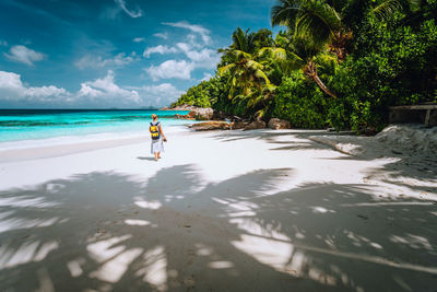 Woman walking by tree at beach