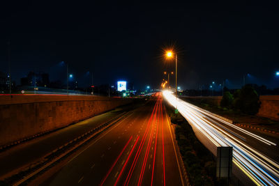 Light trails on road at night