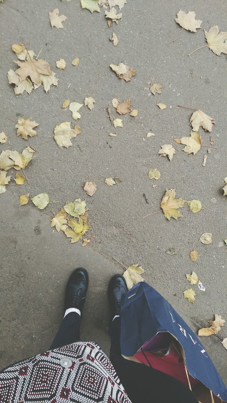 low section, high angle view, person, shoe, street, lifestyles, personal perspective, standing, leisure activity, leaf, unrecognizable person, autumn, men, road, outdoors, footwear, day