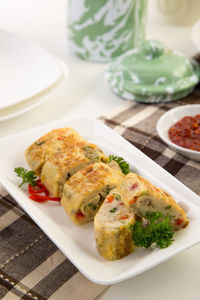 High angle view of food in plate on table