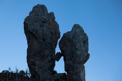 Low angle view of rock formation against clear blue sky