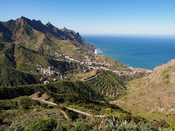 Scenic view of sea and mountains against clear sky