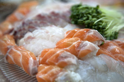 Close-up of sashimi served in plate