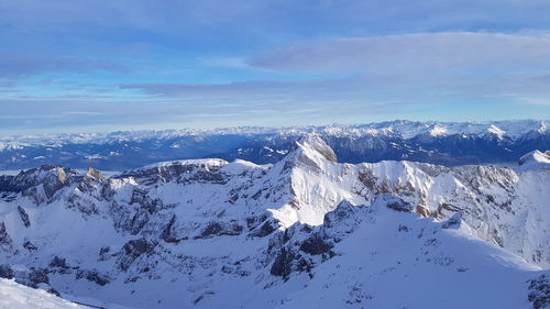 Scenic view of snowcapped mountains against sky