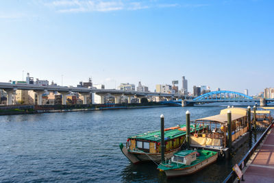 Boats moored in river by buildings in city against sky