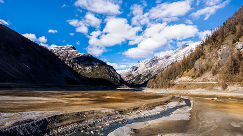 Scenic view of snowcapped mountains against sky during winter