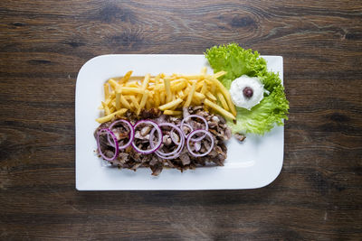 High angle view of meal served on table