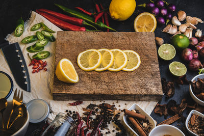 High angle view of fruits on table