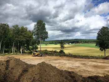 Trees on field against cloudy sky