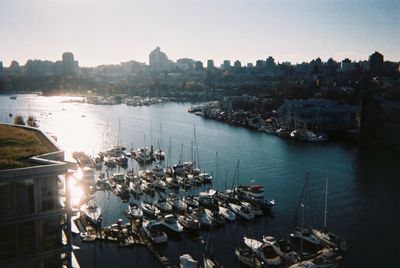 High angle view of boats moored in harbor
