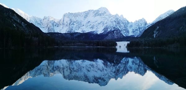 Scenic view of lake and snowcapped mountains against sky