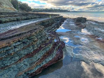 Rock formation on beach against sky