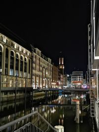 Reflection of illuminated buildings in canal at night