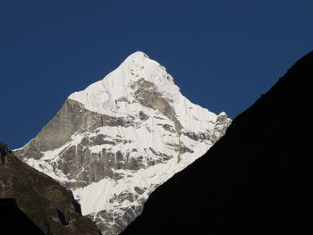 Low angle view of snowcapped mountains against clear sky