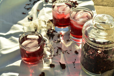 High angle view of drink in glass on table