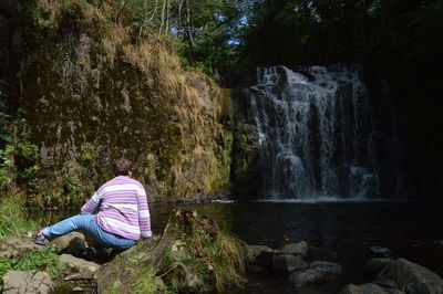 Rear view of man sitting on bench