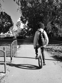 Boy riding bicycle in park