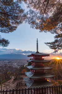 Vertical view of chureito pagoda with fuji mountain hide in cloud