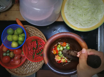 High angle view of vegetables in bowl on table