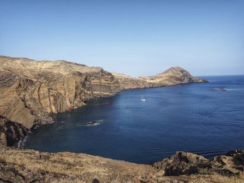 Scenic view of sea against clear blue sky