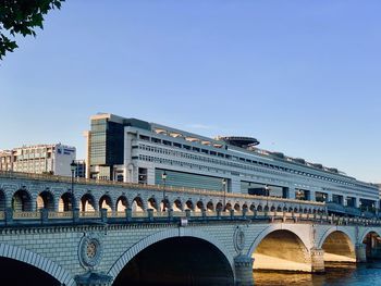 Low angle view of arch bridge against blue sky